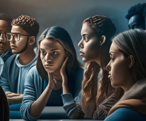 A thought-provoking artwork portraying adults engaged in social-emotional learning (SEL) practices. It depicts individuals participating in group discussions, self-reflection, and mindfulness exercises. The artwork emphasizes the transformative power of SEL, illustrating personal growth, increased self-awareness, and improved emotional well-being among adults.